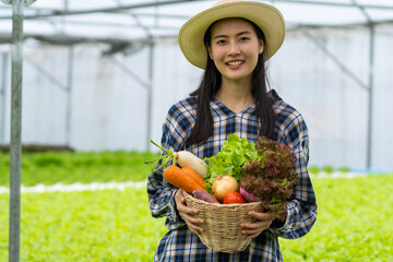 Young farmer woman holding basket of vegetables in hydroponic farm with smile. Organic vegetable...