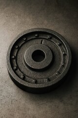 Heavy duty dark cast iron pulley wheel, industrial machinery component isolated on white background