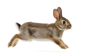 Obraz premium A small brown rabbit with a white tail is captured mid-leap against a clean white background, showcasing its agility.