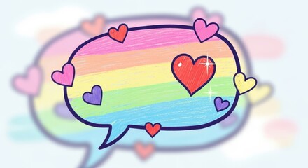 Vibrant rainbow speech bubble adorned with playful hearts expressing loving messages