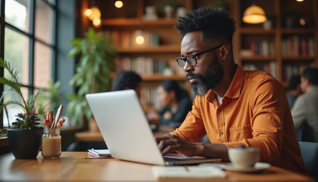 Man works on laptop in coffee shop with books in background. He wears glasses and an orange shirt, focused on his computer screen. Other people are blurred in the cafe environment.