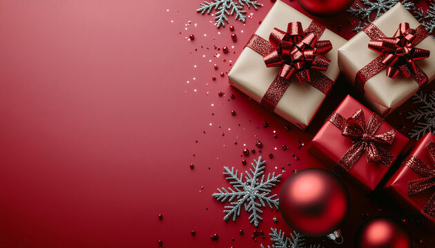 Luxury Christmas flat lay background with red theme  elegant gift boxes