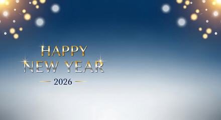 Golden "Happy New Year 2026" greeting with festive light decorations shining brightly.
