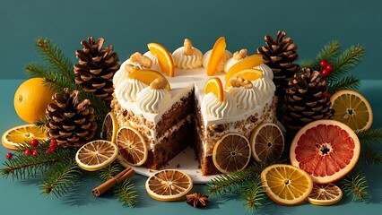 Holiday citrus cake with cream, pine cones, and festive decorations