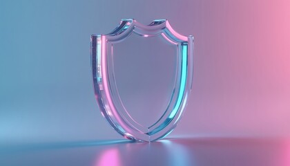 Transparent shield icon stands on purple surface. Glass shield graphic represents security, data protect. Cyber safety guard sign for antivirus software UI, mobile app, web banner design. Minimal