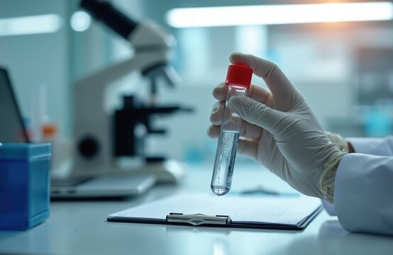 Scientist holds test tube with liquid sample in lab. Researcher doing analysis of water in laboratory. Medical professional working with chemical fluids for research. - Powered by Adobe