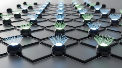 A futuristic network of interconnected glowing nodes. 