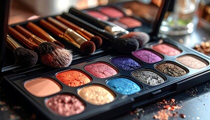 Palette of various eye shadow colors with a collection of cosmetic brushes