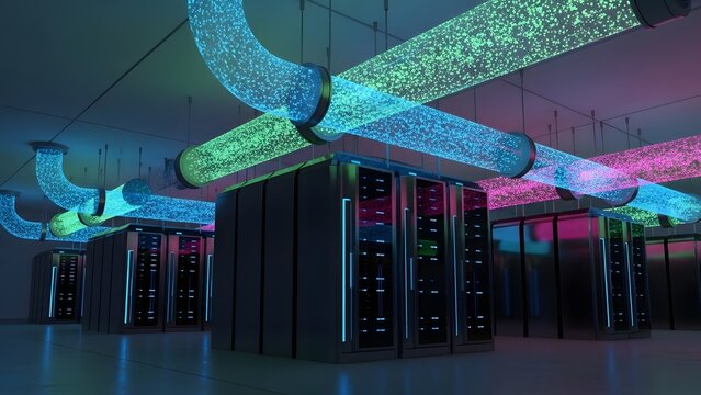 Data center, futuristic IT infrastructure with neon lights. 
