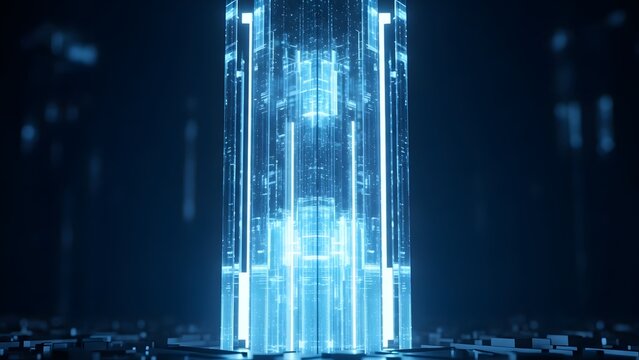 Abstract digital structure shining with blue light, representing technology and data.