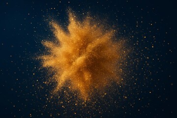 Burst of golden powder particles in motion, abstract digital art style, floating against a dark blue background, concept of energy and celebration, Ai generative