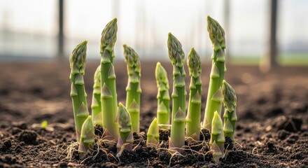 Asparagus plants growing out of dark soil in garden