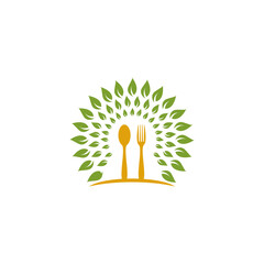 Organic Food Spoon and Fork Logo with Leaf Sunburst