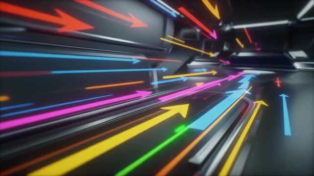 Futuristic Digital Corridor with Glowing Arrows and Data Streams Keywords: abstract, futuristic, digital, technology, data, network