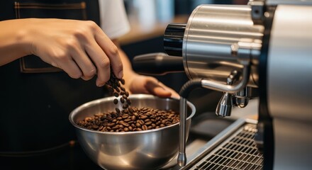 Barista pouring coffee beans into a stainless steel bowl near an espresso machine