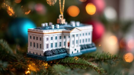 Obraz premium White House ornament hanging on a Christmas tree with colorful lights