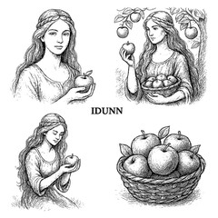 Idunn Norse goddess of youth and apples depicted in vintage engraving style, Transparent Background