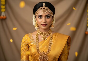 Beautiful South Indian Bride in Traditional Yellow Silk Saree and Gold Jewelry.