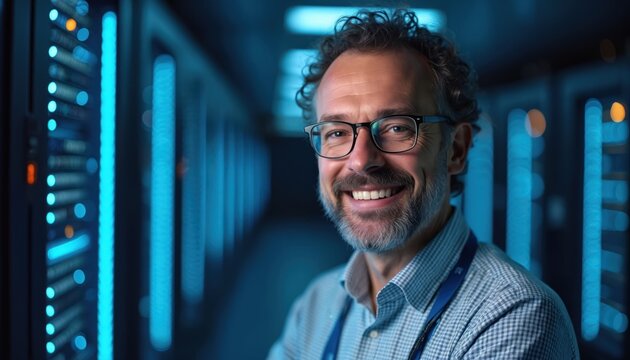 Smiling IT technician stands in server room. He wears glasses. Blue server lights glow behind engineer. Person works with tech hardware. Confident man ensures network infrastructure smooth operation.
