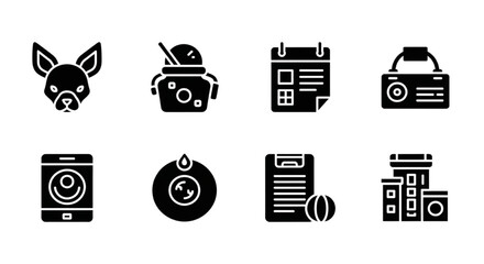 Set of black glyph icons representing dog care, supplies, and veterinary services for pet ownership concept