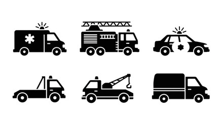 Collection of vector icons featuring emergency, rescue, and roadside assistance vehicles for various services