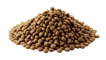 A large pile of brown dry dog food pellets stacked high on a black background in a studio shot