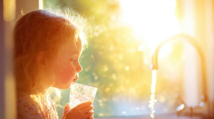 Child enjoying a refreshing drink by the window at sunset