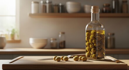 Bottle of olives on a wooden surface in a kitchen setting