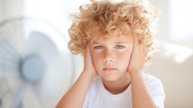Young boy covering ears due to loud noise in bright indoor setting