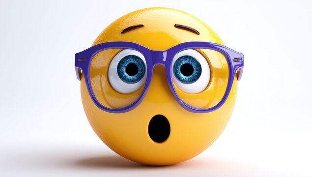 Round yellow emoji face with surprised expression, wearing purple glasses