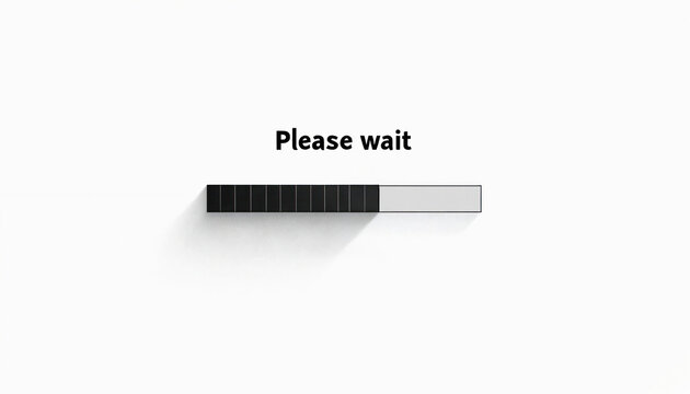 Please wait message over loading progress bar on computer screen. Digital interface shows data transfer, software update download. Concept of waiting, patience, buffering, anticipation during upload,