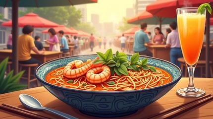 Authentic Singapore Laksa in a Traditional Ceramic Bowl
