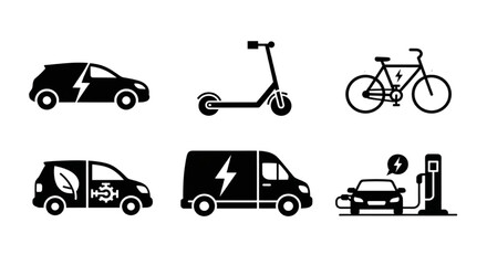 Set of black icons representing electric vehicles like cars, scooters, and bikes for sustainable mobility