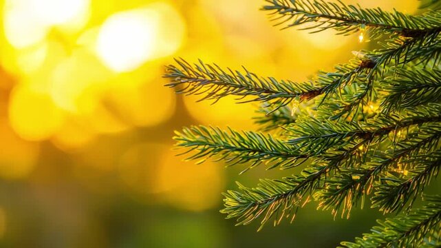 Close up of green pine tree branches with warm yellow bokeh background and small lights