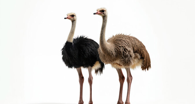 Two ostriches stand side by side isolated on white. One ostrich has black feathers. Another ostrich is brown with fluffy plumage. Large birds pose in studio for wildlife zoo promo.