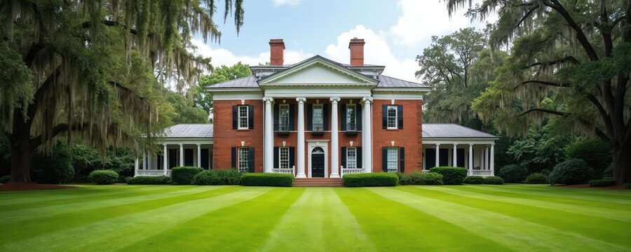 Classic red brick Georgian mansion with white columns, expansive lawn, trees. Historic home with symmetrical facade, chimneys, manicured garden, rich plants, blue sky. Traditional architecture,