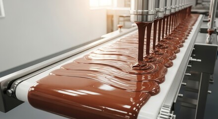 Chocolate flowing onto a conveyor belt in a factory setting