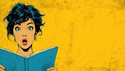 Surprised woman holding open a book against a textured yellow background