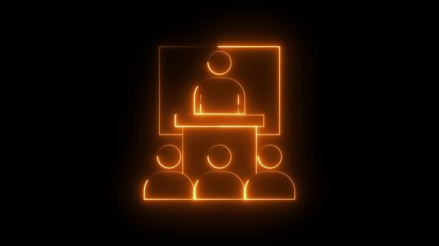 Neon business presentation icon animation on black background showing speaker at podium with audience, glowing seminar conference training illustration, futuristic meeting and education 