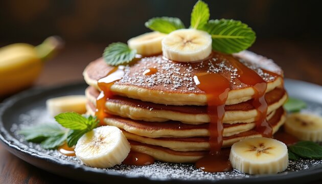 Pancakes stack with banana slices and caramel topping on plate. Mint leaves garnish breakfast stack. Sweet dessert served with syrup and sugar powder. Tasty treat food close-up.