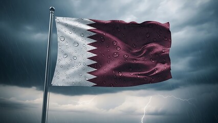 Qatar's national flag covered in raindrops, waving against a dark, stormy sky with lightning.