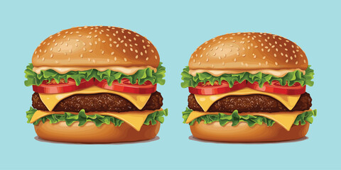 Juicy cheeseburgers, beef patties, melted cheese, sesame buns, fresh lettuce, tomato slices, food comparison, tasty meal, flat vector illustration