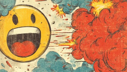 Smiling face erupts with fiery explosion