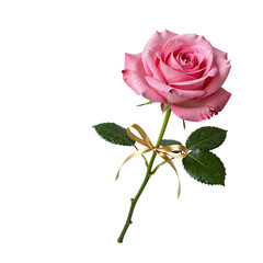 Fototapeta premium Elegant pink rose with gold ribbon and green leaves