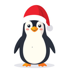 Fototapeta premium Cute cartoon penguin wearing a red Santa hat, standing on a white background, perfect for Christmas and winter holiday themes.