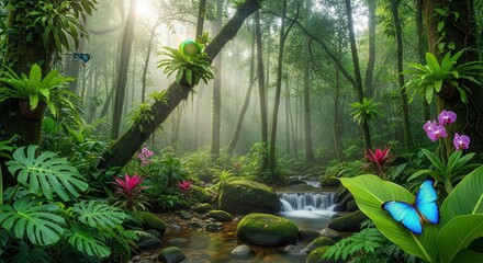 Lush tropical rainforest ambience featuring vibrant flora and gentle stream amidst sunlit trees