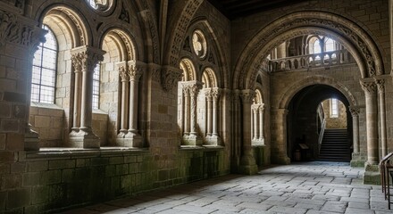 Fototapeta premium Magnificent monastery interior with intricate stonework arches and window columns details