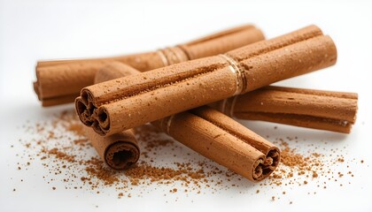 Isolated fragrant cinnamon sticks on a clear backdrop