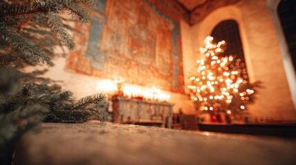 Cozy Christmas decorations illuminated in a warm church setting
