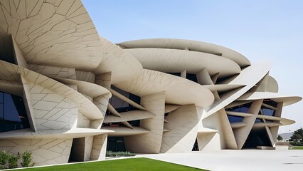 The National Museum of Qatar's stunning desert rose architecture with interlocking discs under a clear blue sky in Doha.